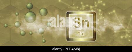 Simbolo SN. Elemento chimico dello stagno con molecola e rete su sfondo giallo Foto Stock
