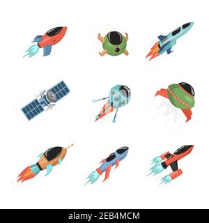 Insieme di diversi satelliti e navicelle isolate su sfondo bianco. Navicelle che esplorano l'illustrazione piatta del vettore del cosmo. Razzi spaziali moderni, concetto di spazio. Illustrazione Vettoriale