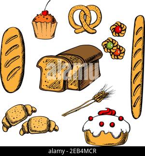 Le icone della panetteria piatta sono isolate sullo sfondo per infografiche, caffè, ristorante o menu di pasticceria Illustrazione Vettoriale