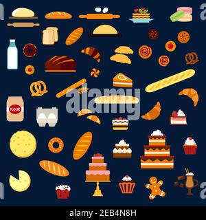 Prodotti da forno e pasticceria icone piatti con torte e cupcake, panna e frutta, torte, panini, croissant, biscotti, macaron, pancake, ciambelle pretzel baguettes Illustrazione Vettoriale