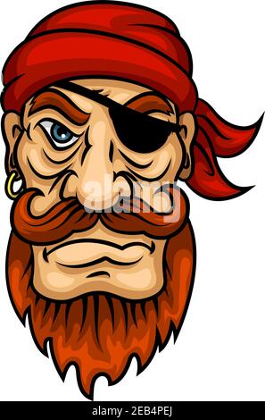 Ritratto cartoon di un personaggio pirata marinaio rosso con baffi e barba arricciati, cerotto e bandana. Pirateria marina e utilizzo del tema dell'avventura Illustrazione Vettoriale