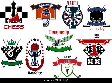 Emblemi e simboli del gioco sportivo in stile retrò per calcio o calcio, biliardo, golf, hockey su ghiaccio, scacchi, basket, freccette e gioco di bowling. IO Illustrazione Vettoriale