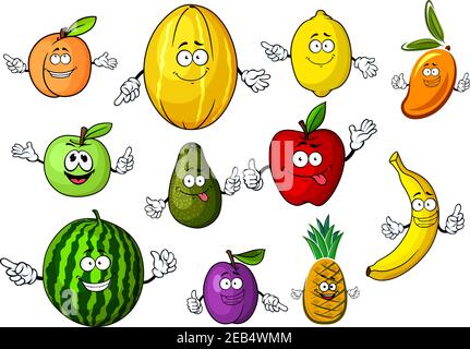 Sani dolci mele rosse e verdi, pesca, limone, banana, ananas, susina, anguria, mango, avocado e melone frutta personaggi cartoni animati. Aggiunta a. Illustrazione Vettoriale