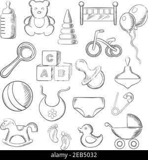 Icone abbozzate per bambino, bambino e infanzia con giocattoli e pannolino, biberon e succhietto, sonaglino e passeggino, cubetti e palla, letto e pannolino, bicicletta e r Illustrazione Vettoriale