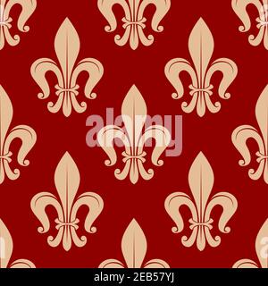 Elegante motivo fleur-de-lis marrone pallido senza cuciture su sfondo rosso. Royal francese senza cuciture ornamento floreale per tessuti, scrapbook pagina sfondo o inter Illustrazione Vettoriale