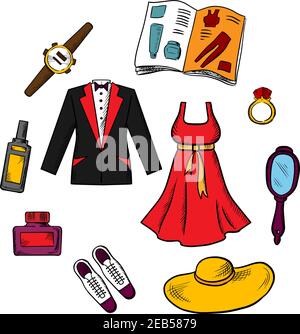 Icone colorate di moda con abbigliamento maschile e femminile sparso, accessori, scarpe, cappello, gioielleria, catalogo e specchio Illustrazione Vettoriale