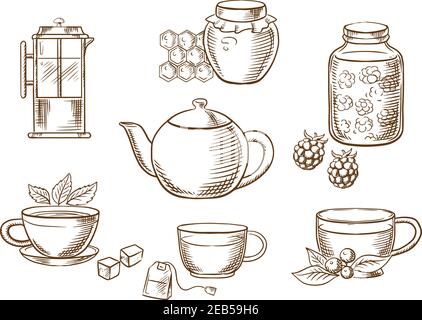 Icone di tè abbozzato con vasi, miele e marmellata di lamponi, stampa francese, vari teacup con sacchetto di tè, cubetti di zucchero, foglie fresche di menta e bacca con Illustrazione Vettoriale