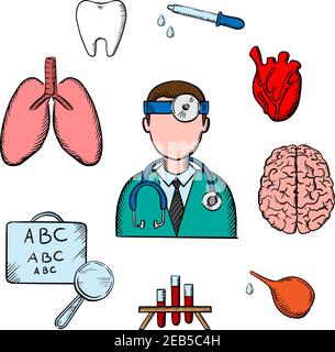 Icone mediche con medico circondato da un occhio grafico, polmoni, dente, occhio, contagocce, provette, cervello e cuore raffigurante esame, diagnosi e tre Illustrazione Vettoriale