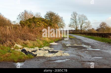 Inquinamento da rifiuti di plastica agricola lasciato sul lato di una strada di campagna, accanto al cancello di un campo Foto Stock