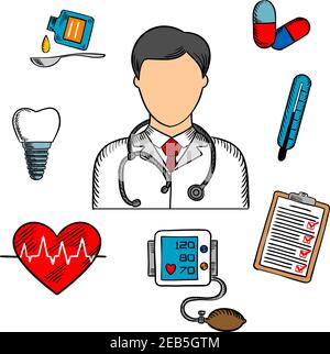 Icone mediche con un medico circondato da un termometro, dente, pillole, farmaci, grafico, battito cardiaco ed ECG. Icone vettoriali colorate Illustrazione Vettoriale