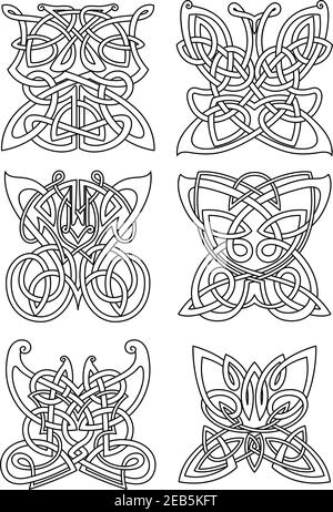 Ornamenti tribali celtici di insetti a farfalla con ali e corpi di turbolenza. Per tatuaggio, stampa o disegno di arte religiosa Illustrazione Vettoriale