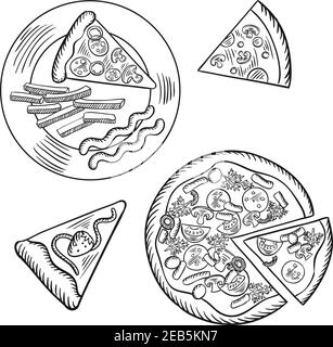 Fetta di torta di fragole e pizza italiana fast food, condita con salame, pomodori, olive, funghi, mozzarella e prezzemolo. Un'altra fetta è servita Illustrazione Vettoriale