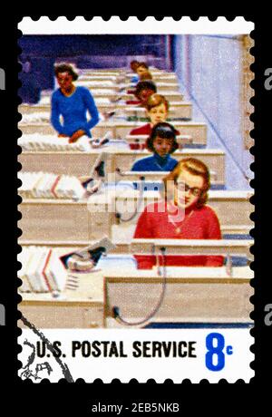 Stati Uniti d'America - circa 1970: un timbro stampato negli Stati Uniti d'America dedicata al servizio postale, circa 1970 Foto Stock