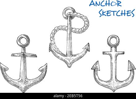 Ancoraggi nautici in stile schizzo di famosi ancoraggi di pescatori con brevi canne centrali, anelli, corda, bracci curvi con fiocchi appuntiti. Ottimo per araldo Illustrazione Vettoriale