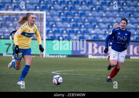 Broendby, Danimarca. 11 Feb 2021. Frederikke Lindhardt (15) di Broendby SE visto durante il Women's Champions League Round del 32 partita tra Broendby IF e Valerenga SE al Broendby Stadium di Brondby, Danimarca. (Photo Credit: Gonzales Photo/Alamy Live News Foto Stock