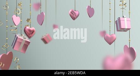 Cuori appesi rosa, scatole regalo 3D, confetti su sfondo verde pastello. San Valentino, Amore, invito alla festa, Festa delle madri, 8 marzo, matrimonio, biglietto d'auguri. Illustrazione 3D Foto Stock