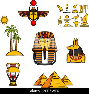 Egitto viaggio e icone della cultura con piramidi di Giza, maschera d'oro del faraone e geroglifici antichi, sciab amuleto e dio Anubis, anfora e paesaggi Illustrazione Vettoriale