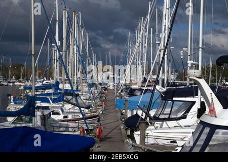 Alberi di yacht ormeggiati su un pontile a Chichester Marina e evidenziati dal sole contro un cielo tempestoso. Foto Stock