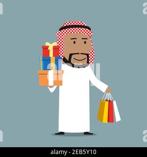Allegro fumetto sorridente uomo d'affari arabo che tiene in mani sacchetti colorati di carta shopping e pila di scatole regalo con archi. Shopping, regali e c Illustrazione Vettoriale