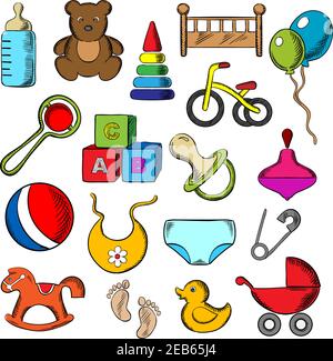Icone per bambini, bambini e bambini insieme con icone piatte blu e nere di giocattoli, pannolino, biberon, succhietto, sonaglino, passeggino, cubetti, palla, letto, bib, bicy Illustrazione Vettoriale