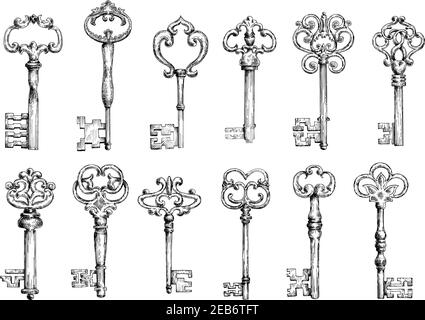 Chiavi d'epoca medievali ornamentali con rotoli di foglie vittoriane, chiavi  antiche disegnate a mano Immagine e Vettoriale - Alamy