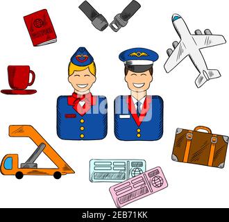 Infografica aerea in stile piatto con sorridente stewardess e pilota in uniformi pittogrammi di volo circondati che mostrano passaporto, valigia, aereo, Illustrazione Vettoriale