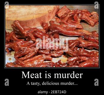 Gli amanti della carne diedano meme divertenti per la condivisione dei social media. Barbeque scherzo. Poster dimostrativo. Foto Stock