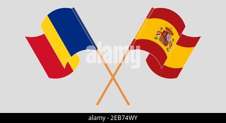 Bandiere incrociate e sventolanti di Romania e Spagna. Illustrazione vettoriale Illustrazione Vettoriale
