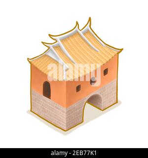 La porta nord, un dipinto digitale dello storico castello di beimen, famosa torre di Taipei, icona cartoon isometrica Taiwan immagine 3D su bianco ba Foto Stock