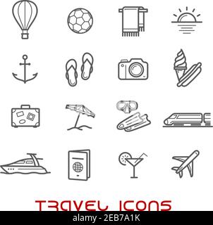 Viaggi e tempo libero icone linea sottile con aereo e bagagli, passaporto e sole, servizi alberghieri, yacht, ancora e cocktail, ombrellone e giocattoli, p Illustrazione Vettoriale