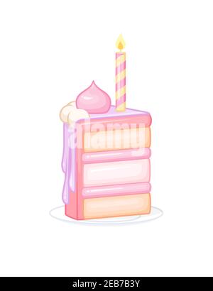 Fetta di torta rosa di compleanno con candela. Illustrazione vettoriale isolata su sfondo bianco. Illustrazione Vettoriale