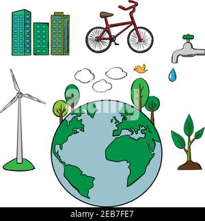 Icone ambientali ed ecologiche impostate con città, alberi e biciclette eco-compatibili, energia verde e protezione delle risorse naturali Illustrazione Vettoriale