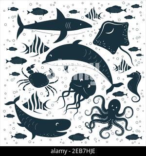 Set di elementi marini disegnati a mano, silhouette animali subacquei: Pesci, polpi, squali, balene, delfini, calamari, cavallucci marini, razze, granchi e acqua Illustrazione Vettoriale