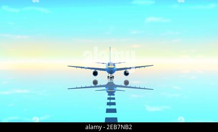 Un aereo passeggeri è in piedi sulla pista, in attesa di un volo, un volo al tramonto o all'alba. Concetto di viaggio d'affari. Rendering 3D. Foto Stock