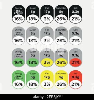 Informazioni sulla nutrizione modello di etichetta per il pacchetto giornaliero di dieta alimentare bevande e cibo. Illustrazione vettoriale isolata. Illustrazione Vettoriale