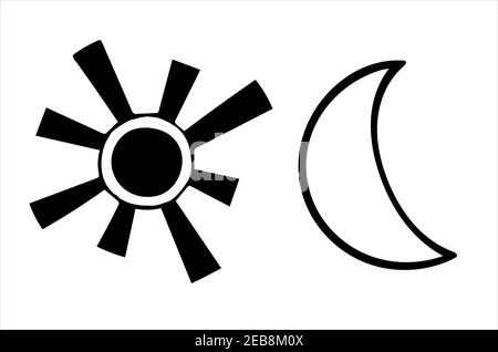 Sole e luna, isolate semplici illustrazioni vettoriali in bianco e nero disegnate a mano su sfondo bianco Illustrazione Vettoriale