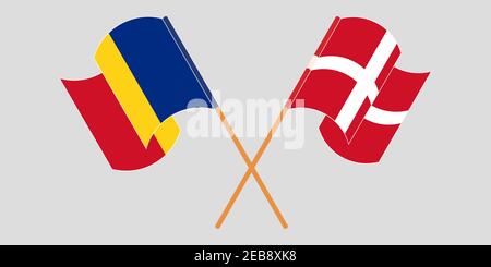 Bandiere incrociate e sventolanti di Romania e Danimarca. Illustrazione vettoriale Illustrazione Vettoriale