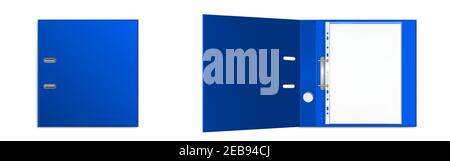 Piegatrice con lime in tasche in plastica perforate e mockup della vista dall'alto del raccoglitore ad anelli. Portafoglio chiuso e aperto con fogli vuoti per documenti isolati su sfondo bianco. Simulazione realistica del vettore 3d Illustrazione Vettoriale