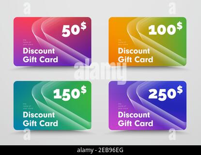 Moderno disegno vettoriale di carte regalo con linee volumetriche astratte. Modelli con gradienti morbidi misti multicolore. Illustrazione Vettoriale