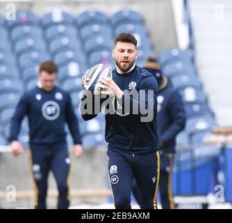 BT Murrayfield Stadium, Edinburgh.Scotland UK.12th Feb 21. Scotland Rugby Squad Training session for the Guinness Six Nations match vs Wales Ali Price (Glasgow Warriors) Credit: eric mcowat/Alamy Live News Foto Stock