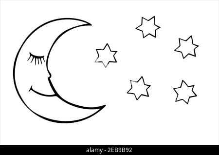 Luna dormiente e stelle, isolato semplice mano disegnata in bianco e nero vettore illustrazione su sfondo bianco. Illustrazione Vettoriale