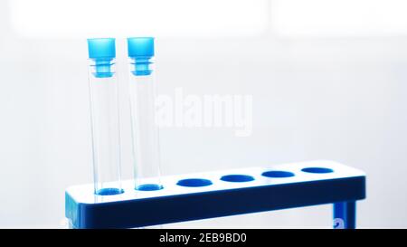 Provette su supporto blu su grigio sfocato e. sfondo bianco del laboratorio chimico Foto Stock