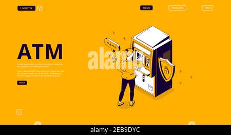 ATM, pagina di destinazione isometrica della macchina per il teller automatico. Donna inserire la password per l'operazione o il prelievo di denaro. Terminale bancario per servizi finanziari e transazioni valutarie. banner web vettoriale 3d line art Illustrazione Vettoriale