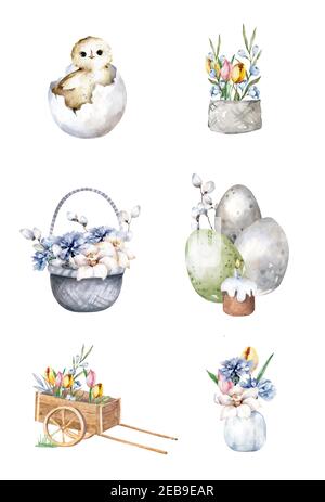 Pasqua carino insieme cartoni animati disegnati a mano acquerello isolato con pulcino, uovo, fiori, basket sfondo bianco Foto Stock