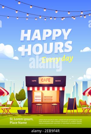 Poster con happy hour con caffè all'aperto e spuntini. Cabina in legno, tavoli, sedie e ombrellone, menu piante e lavagna, caffetteria Street food ogni giorno promo Cartoon illustrazione vettoriale Illustrazione Vettoriale