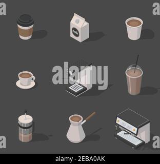 Set caffetteria Vector isometric. Include tazze di carta aperte e chiuse, lattiera, macchina per il caffè, bollitore per tè, tazza di plastica con tubo. Isolato. Vintag Illustrazione Vettoriale