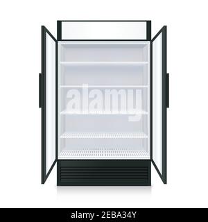 Realistico frigorifero commerciale vuoto con ripiani e porte aperte trasparenti illustrazione vettoriale isolata Illustrazione Vettoriale