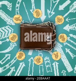 Modello di denaro realistico con portafogli in pelle chiuso e monete in contanti frecce disegnate a mano illustrazione vettoriale isolata Illustrazione Vettoriale