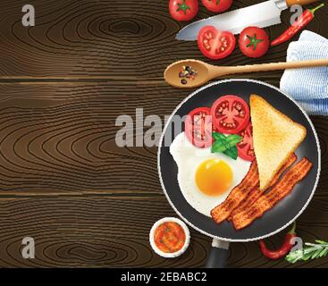 Colazione in padella appetitosa e realistica vista dall'alto uovo pancetta pomodori legno scuro sfondo illustrazione vettoriale Illustrazione Vettoriale