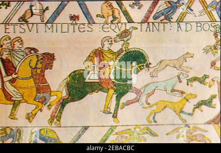 Vista dei dettagli di stampa da un estratto del Bayeux Arazzi che mostrano una scena in cui Re Harold corre a Bosham con i suoi cani da caccia Foto Stock